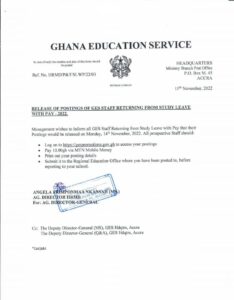 Posting of GES Staff Returning From Study Leave - 2022
