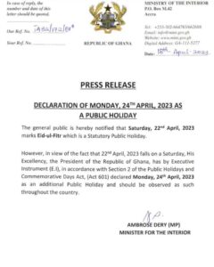 Monday Declared As Public Holiday