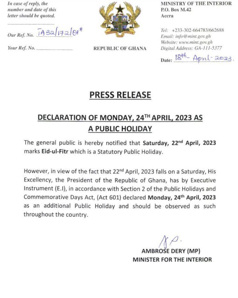 Monday Declared As Public Holiday iCreateGH
